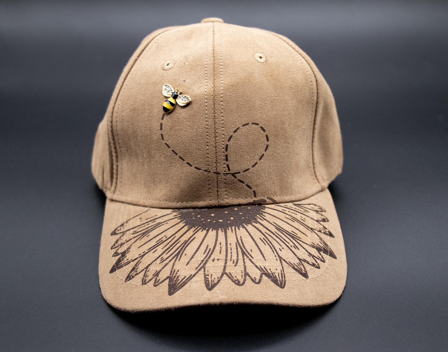 Hat - Sunflower Bee Vegan Suede Baseball Cap (Light Brown)
