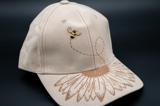 Hat - Sunflower Bee Vegan Suede Baseball Cap - Light Tan
